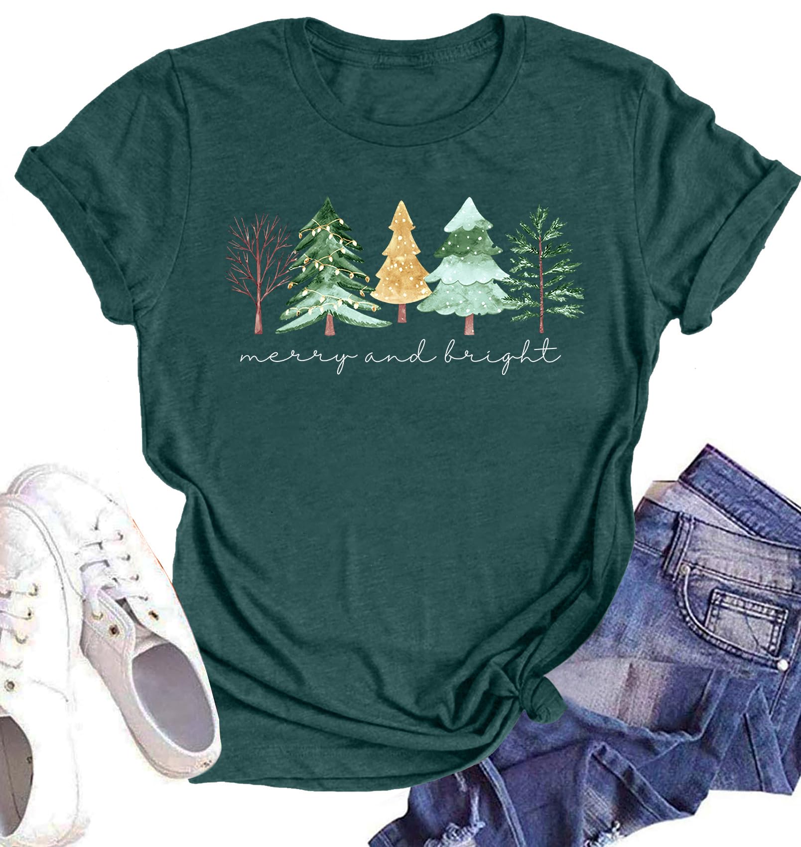 Believe Christmas Shirt for Women Christmas Tree Graphic T-Shirts Believe Letter Print Tees Holiday Tops